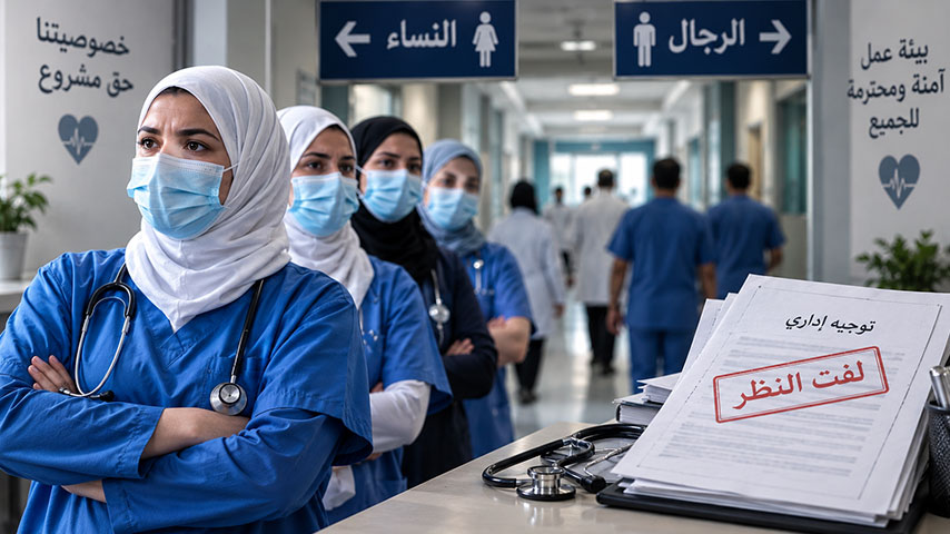 ممرضات في أحد المستشفيات وسط جدل بشأن الخصوصية والفصل بين الرجال والنساء.